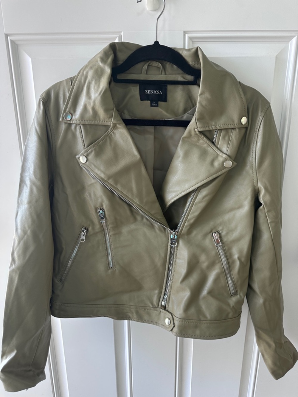 Zenana Outfitters Olive Faux Leather Moto Jacket with Silver Hardware